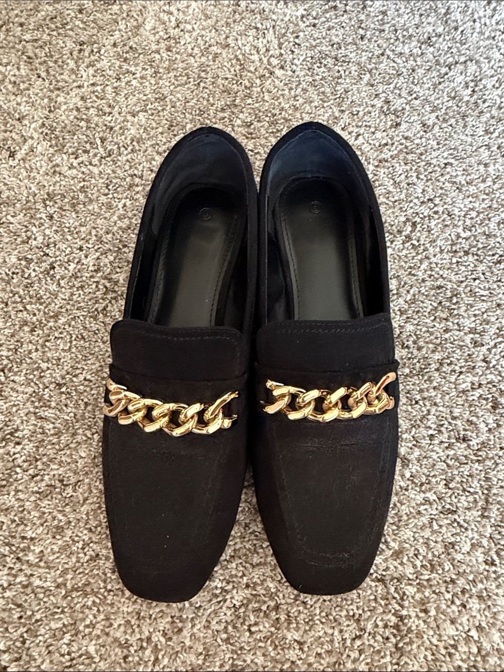 Black Suede Loafers with Gold Chain Accent Women’s 9